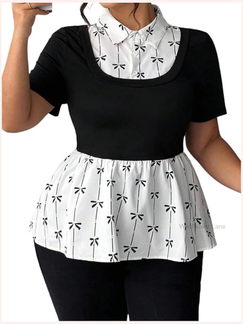 Plus Size Button Up Peplum Blouse with Bow Pattern